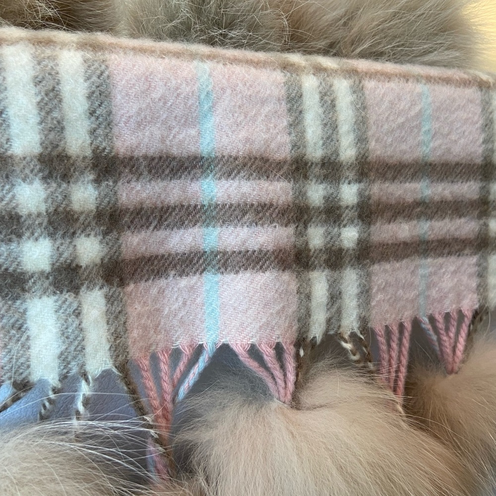 Burberry Pink Plaid Cashmere Fox Fur Pom Poms Scarf - Picture 6 of 7